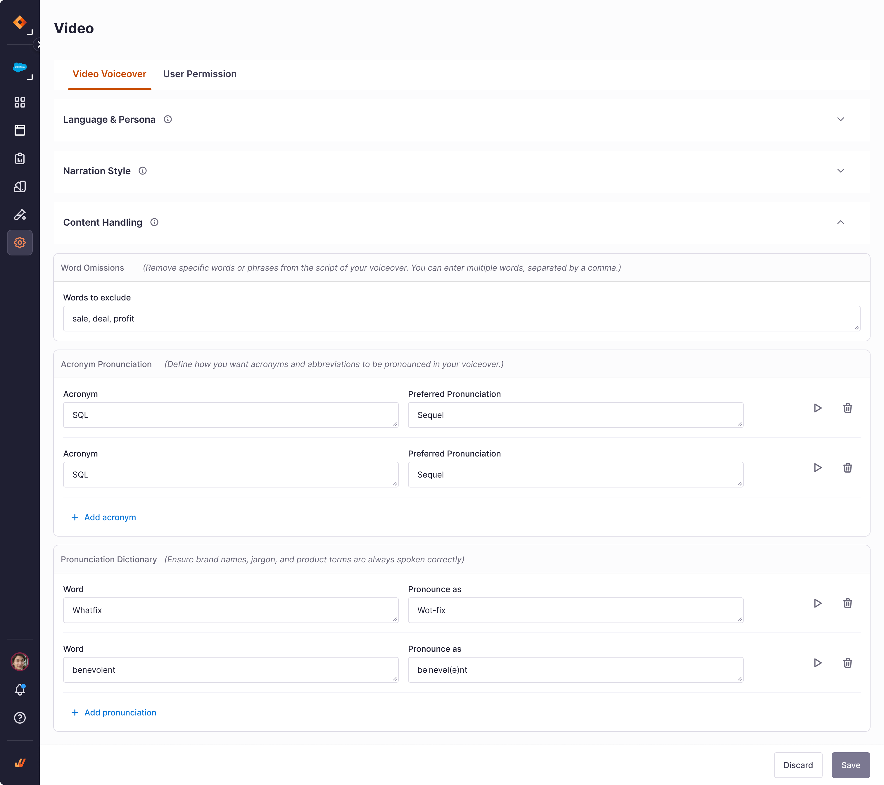 Production Content Handling screen